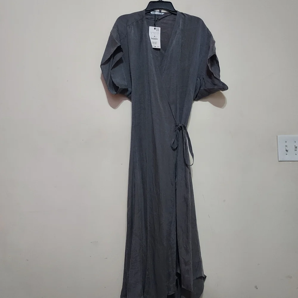 Zara Zw Collection Wrap Business Casual Midi Gray Lighweight Dress_6